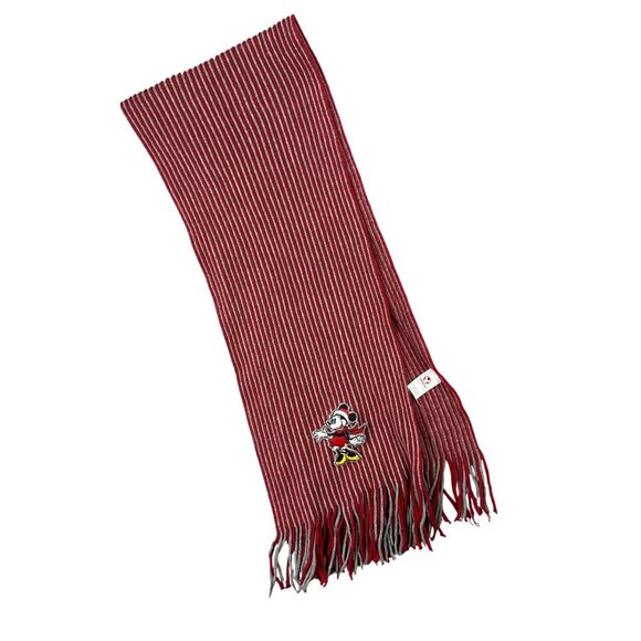 Disney Store Mickey Mouse Scarf  One Size Red & Gray Striped With Fringe - Picture 1 of 3
